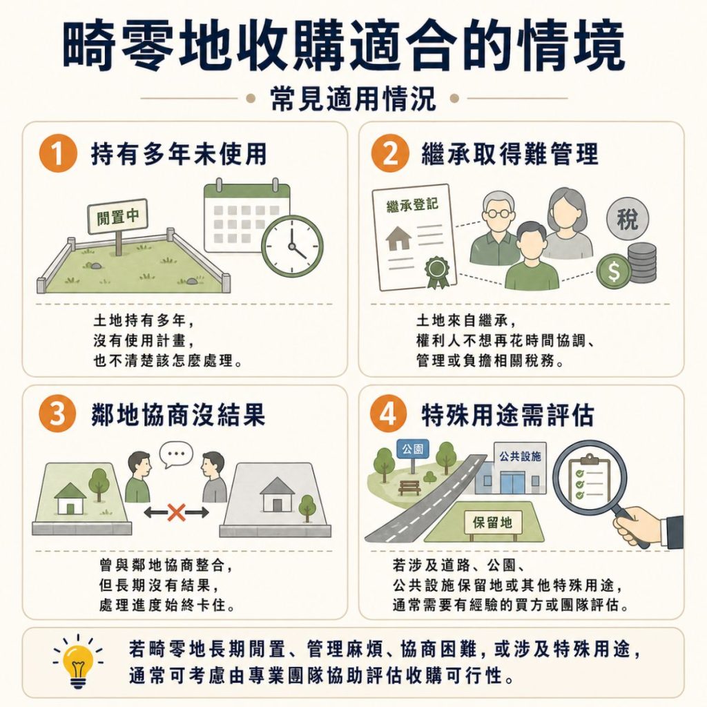 畸零地收購適合情境資訊圖表，整理持有多年未使用、繼承取得難管理、鄰地協商沒結果，以及涉及道路、公園、公共設施保留地等特殊用途需評估的常見情況。