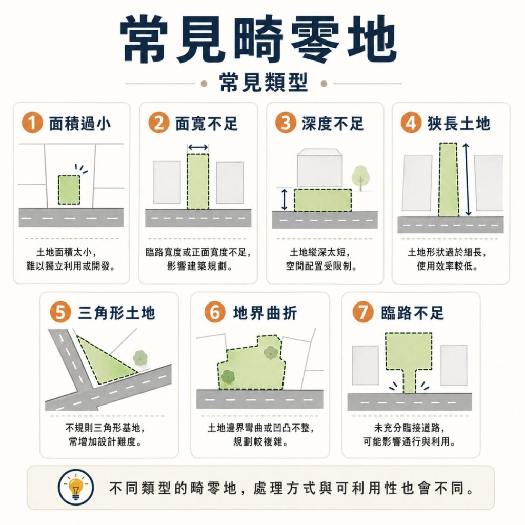 常見畸零地類型資訊圖表，整理面積過小、面寬不足、深度不足、狹長土地、三角形土地、地界曲折與臨路不足等七種常見情況。